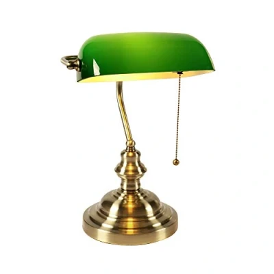 Bild av Newrays Bankirer med grönt glas, skrivbordslampa dragkedjebrytare, plug in fäste, satinerad mässingsfinish
