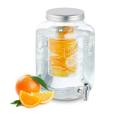Bild av Relaxdays Dryckesdispenser med insats, kran och lock, 8 liter, glas, vattendispenser, limonaddispenser, transparent