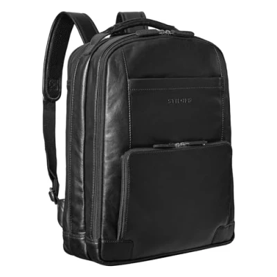 Bild av STILORD &quot;Harlow&quot; läderryggsäck för män XL affärsryggsäck laptop Ryggsäck 15 till 17 tum stor arbetsryggsäck med många fack och vagn fästsystem vintage äkta läder, svart, L,
