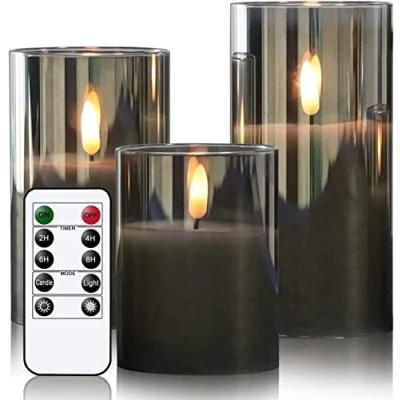 Bild av Eldnacele Grå LED ljus i glas med fjärrkontroll, batteridrivna flimrande flamlösa timer, 3 pack falska för heminredning (D tum x H 4 15 cm)