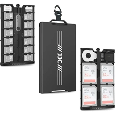 Bild av JJC Pop up metall minneskort fodral hållare Ultra Silm för 12 Micro SD TF MSD + 4 2 Nano SIM kort med karbinhake platt huvud verktyg adapter borttagningsverktyg och minilinjal