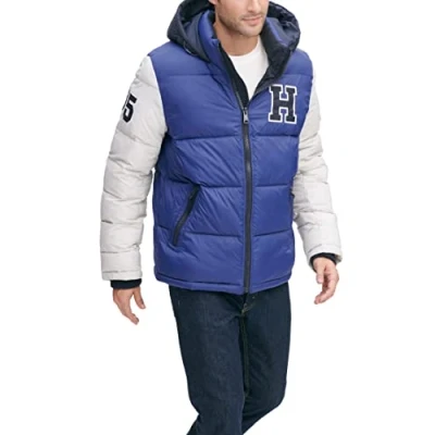 Bild av Hooded Puffer Jacket herr Down Alternative Outerwear Coat Jacket, Kungsblå, XL