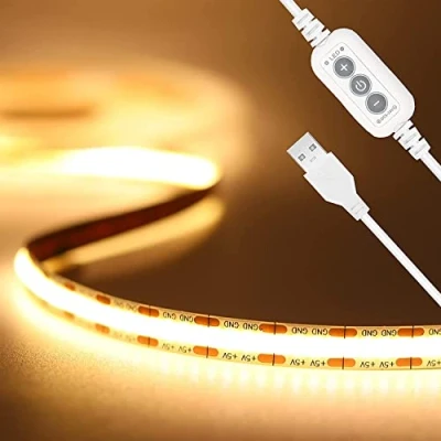 Bild av PAUTIX USB 5V COB LED remsa, 640LEDs/2M Varmvit 3000K Dimbar tejp CRI85+ Flexibelt tejpljus för TV skärmens bakgrundsbelysning, spegel, skåp, garderob, hemmabelysning