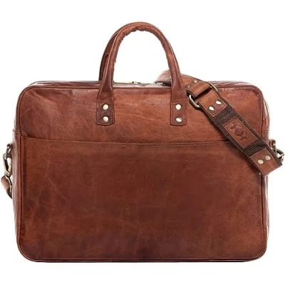 Bild av SID &amp; VAIN stor laptopväska äkta läder 15 tums laptop business väska CEDAR axelväska portfölj med axelrem läderväska män och kvinnor brun handgjord, Vintage ljusbrun, L