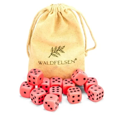 Bild av 6, 12, 20, 30 eller 50 högkvalitativa kuber från Waldfelsen® standardstorlek 16 mm akrylkub knobel spelkub dice 6 sidig lektillbehör, set med tygpåse (rosa, 12 stycken)