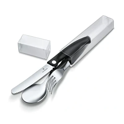 Bild av Victorinox, Swiss Classic, Profi Tafelbesteck Set, 3 teilig, mit Löffel, Gabel und Faltbares Tomatenmesser, Rostfreier Stahl, schwarz