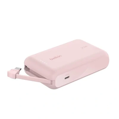 Bild av Belkin BoostCharge powerbank, bärbar powerbank med inbyggd kabel 10 000 mAh PD 20 W, snabbladda USB C Power Delivery, iPhone snabbladdning av för 16 serien, iPad Pro, Galaxy S24,Rosa