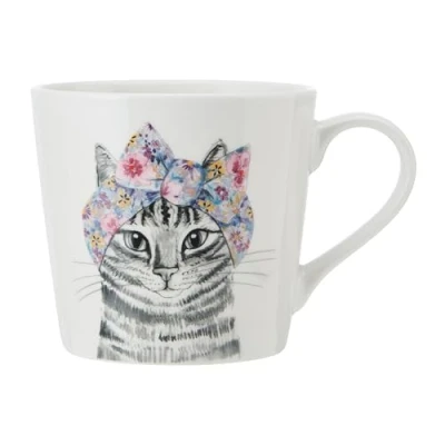 Bild av Mikasa Tipperleyhill Katttryck porslinsmugg, 380 ml fin porslinskopp med äkta gulddetaljer, ny mugg för te och kaffe djurtryck, presentförpackad