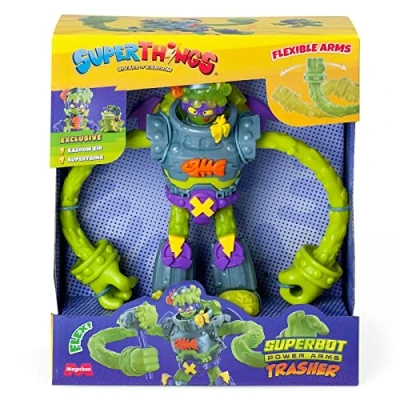 Bild av SUPERTHINGS Superbot Power Arms Trasher artikulerad skurkrobot med flexibla armar och stridstillbehör. Inkluderar 1 exklusiv Kazoom Kid SuperThing