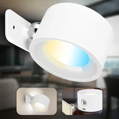 Bild av B.K.Ljus vägglampa utan strömanslutning med batteri, magnetisk avtagbar, 360 graders roterbar, dimbar, CCT, inomhus, vägglampa, sänglampa, lampa säng, lä, 9,5 x 8 4,5 cm, vit