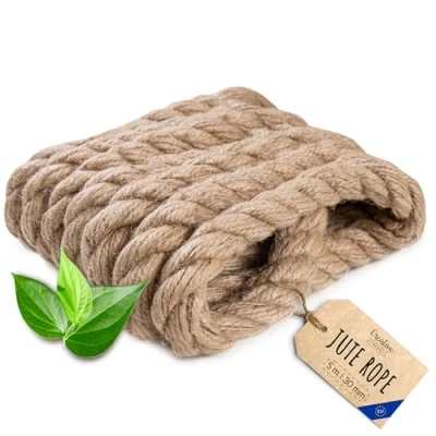Bild av Creative Deco Jute Rep 5m Lång 30mm Tjock Stark och Hållbar Snöre Vridna Naturlig Brun Färg Perfekt för Trädgårdsarbete, Inredning, DIY Konst Hantverksprojekt