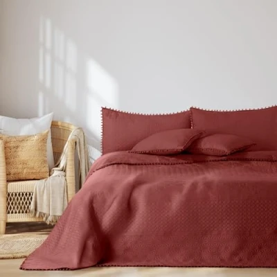 Bild av AmeliaHome överkast med pompoms 170 x 210 cm sängöverkast dubbelsidig Ultrasonic quiltning polyester Meadore gammalrosa