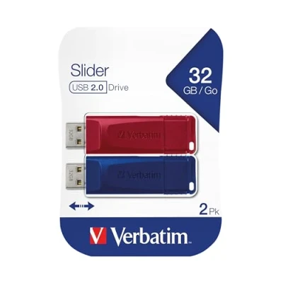 Bild av Verbatim Slider USB minne multipack 32 GB, 2.0, 2 x minnesstick, för bärbar dator Notebook Ultrabook TV bilradio, 2.0 pinne, datasticka med skjutmekanism, röd blå