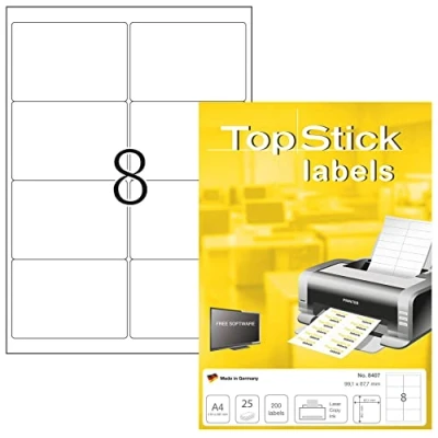 Bild av TopStick 8407 adressetiketter A4 (99,1 x 67,7 mm, 25 ark, papper, matt) självhäftande, utskrivbara, permanenta universella etiketter, 200 klistermärken, vit