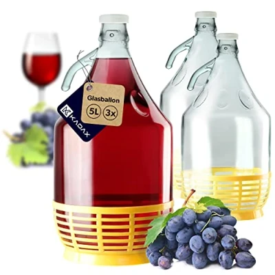 Bild av KADAX Vinballong 5 L, glasballong för vin, 3 stycken, vinfat av glas, jäsballong, fat vin strykflaska med korg, jäsbehållare glasträdgårdsballong