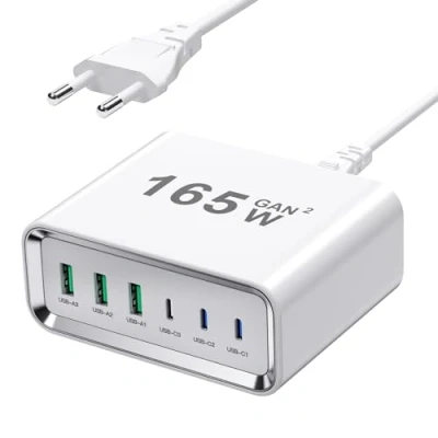 Bild av USB C laddare Multifaldig, 165 W 6 port Skrivbord Hub 【3 3 A】, PD+QC3.0 Snabbladdare, Strömadapter kompatibel med iPhone 12/13/14/15/Samsung Galaxy S21/S22/S23/Laptop/Surfplatta