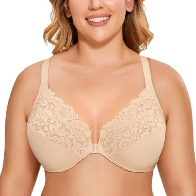 Bild av DELIMIRA Kvinnors Främre Stängning Plus Size Full Täckning Spets Bygel Racerback Bh Beige 100F