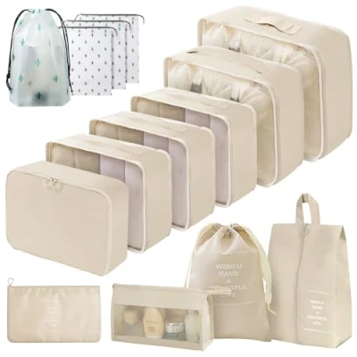 Bild av Arrangör för resväska, 14 stycken vattentäta packkuber, multifunktionella resepackkuber, bagagearrangör packpåsar resväskor, researrangör set med klädväskor (beige)