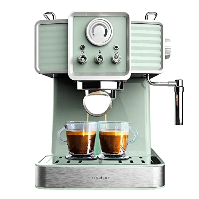 Bild av Cecotec Express Power Espresso 20 Tradizionale Light Green och cappuccinomaskin i vintagedesign på 1 350 W bar med termoblock, förångare, manometer en kapacitet 1,5 liter