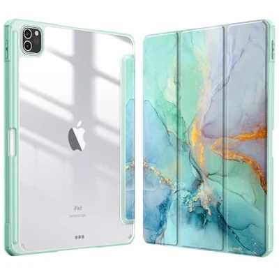 Bild av Fintie Hybridfodral kompatibelt med iPad Pro 11 tum (2022/2021/2020/2018, 4:e/3:a/2:a/1:a generationen) ultratunt stöttåligt klart fodral pennhållare, automatisk uppvakning/sömn, smaragd marmor