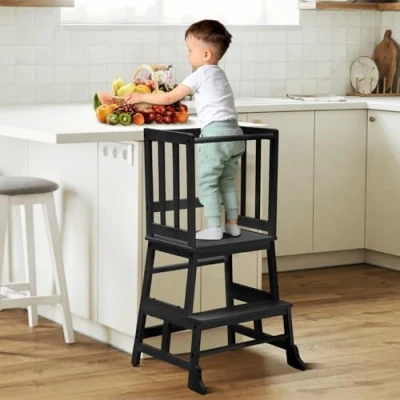 Bild av COSYLAND inlärningstorn från 1 år inkl. monteringstillbehör Montessori av FSC bambu (upp till 70 kg) svart