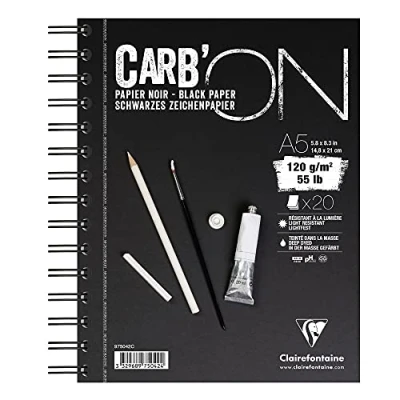 Bild av Clairefontaine 975042C Ritblock Carb&#039;On (120 g, perfekt för torrtekniker, DIN A5 14,8 x 31 cm, dubbel spiralbindning, 20 ark) svart