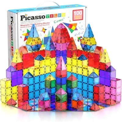 Bild av PicassoTiles 100 stycken genomskinliga 3D byggplattor, magnetiska byggklossar, byggplankor, kreativitet bortom fantasin,
