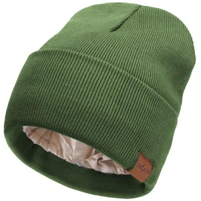 Bild av DRESHOW Satinfodrade Vintermössa för Kvinnor Män Satinfodrad Mössa Hattar Unisex Vinter Varm Stickad Manschett Silke Fodrad Solid Skull