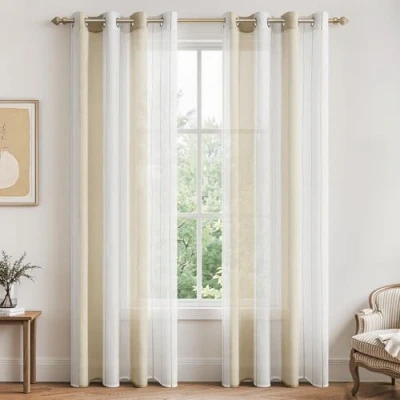 Bild av MRTRESS Voile Curtain 88 tum Drop 2 paneler Samtida Dekorativ Ögon Korta Rena Gardiner Panel Par för Vardagsrum Sovrum Altandörr 140cm x 225cm Randig Design Vit och Beige