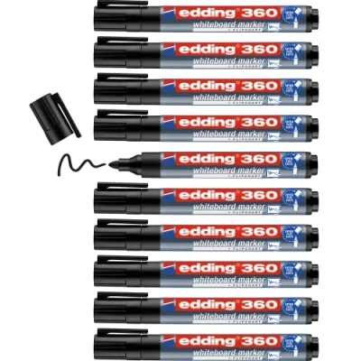Bild av edding 360 whiteboardmarker svart låda med 10 pennor rund spets 1,53 mm torkas bort utan vatten för whiteboard, blädderblock, anslagstavla, memo tavla sketcher går att fylla på