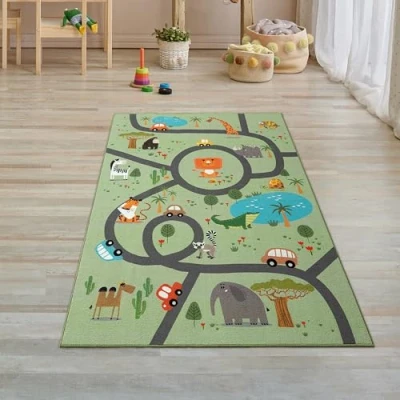 Bild av Teppich Traum Barnrumsmatta halkfri tvättbar matta spel safari street bilar djurmatta grön 80 x 150 cm
