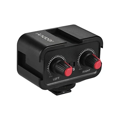 Bild av Andoer Mikrofon med dubbla kanaler ljudmixeradapter och monteringsnav för kall sko 3,5 mm stereoutgång kompatibel Canon Nikon Sony DSLR kamera videokamera