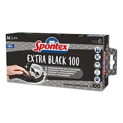 Bild av Spontex Extra svarta engångshandskar av vinyl, opuderade och latexfria, mångsidiga, i praktisk dispenserlåda, storlek M, 100 pack, svart