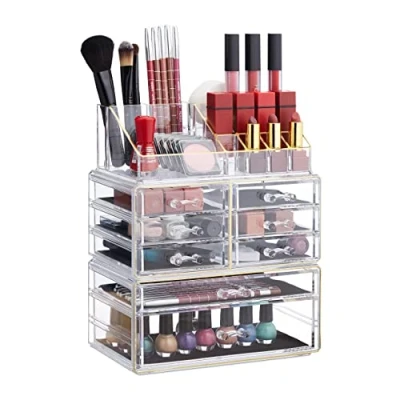 Bild av Relaxdays Make Up Organizer med lådor, stapelbart smyckeskrin, akryl sminkförvaring, transparent guld