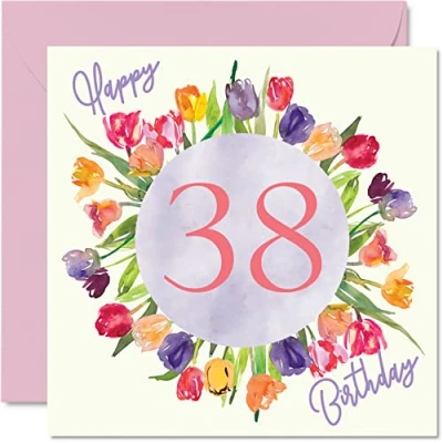 Bild av Vackra 38 års födelsedagskort för kvinnor akvarell tulpaner blommor bukett grattis på hennes dotter moster syster vän födelsedagspresenter, 145 mm x härliga blommiga gratulationskort present