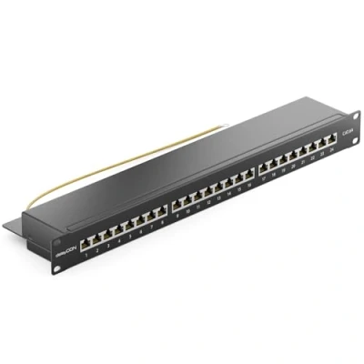 Bild av deleyCON CAT 6a Patch Panel Distributionspanel 24 Port Stationär 19 Tums Rackmonterad Servermontering RJ45 Skärmad TIA568A TIA568B Svart