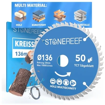 Bild av STONE REEF Sågblad 136 x 20 Cirkelsågblad [inkl. adapter på hål &amp;16 mm], kompatibel med vinkelslip från Bosch, Makita etc. cirkelsåg, nagelsäker för trä, metall och aluminium