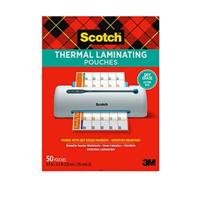 Bild av Scotch Dry Erase termiska lamineringspåsar, 50 pack, fungerar med torra raderingsmarkörer, återanvändbara kalkylblad, kalendrar, checklistor, 20 x 30 cm, brevstorlek, klar professionell finish