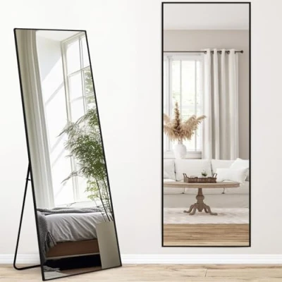 Bild av Melodieux helkroppsspegel 147 x 44 cm i full längd stor fristående spegel svart aluminiumram omklädningsspegel, väggmonterad vägghängande, liggande för vardagsrum sovrum