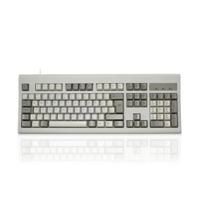 Bild av Perixx PERIBOARD 106M, trådbunden prestanda fullstorlek USB tangentbord, böjda ergonomiska tangenter, klassisk retro grå/vit färg, UK QWERTY