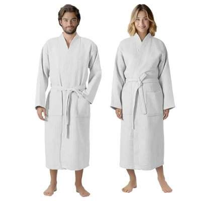 Bild av HOMELEVEL Pique badrock resebadrock 100 % bomull för kvinnor och män, morgonrock, kimono, basturock, resa, morgonkjol, piké, våffelpiké, kvinnor, Vit, 5XL
