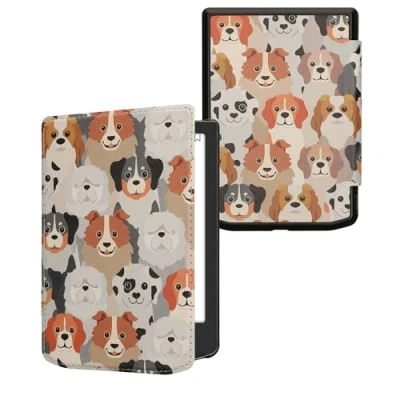 Bild av kwmobile eReader fodral kompatibelt med Pocketbook Verse/Pro/Color/Vivlio Light Cover eBook Reader Flip Case vit/ljusbrun/grå Hundar