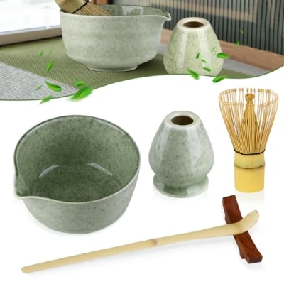 Bild av matcha set, visp, skål, sked, mixerställ, vispställ, 5 delat macha te servis, tillbehör, visp set i keramik.