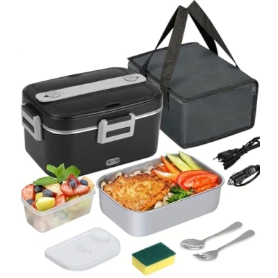 Bild av SOBEAU Elektrisk matlåda, 3 i 1 12/24/220 V termisk lunchlåda, 1,8 l stor behållare lunchlåda vuxna, värmelåda med bestick och isolerad lunchväska för bil, hushåll, kontor, svart