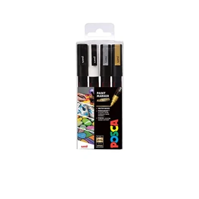 Bild av POSCA PC 3M permanent markörfärgpennor. Fin spets för konst och hantverk. Användning med flera ytor på trä metall papper kanvas kartong glastyg keramik sten porslin. Set 4 mono färger