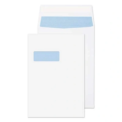 Bild av Blake rent förpackning C4 324 x 229 25 mm 140 gsm kil ficka dra &amp; täta fönsterkuvert (9001) vit paket med 125