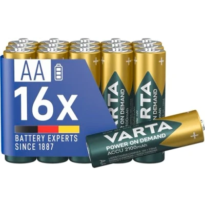 Bild av VARTA Batterier AA, uppladdningsbar, paket med 16, Recharge Accu Power on Demand, laddningsbart batteri, 2100 mAh Ni MH, ingen minneseffekt, förladdade, redo att använda