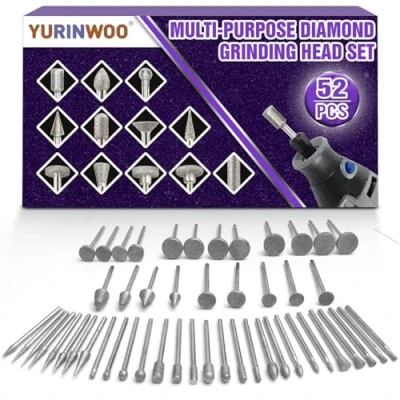 Bild av 52 stycken diamantfräs set, diamantfräsar, kompatibel med Dremel slipfästen roterande verktygstillbehör 3 mm (1/8 tum) skaft passar för sten, glas, keramisk snideri, slipning, polering, gravering,