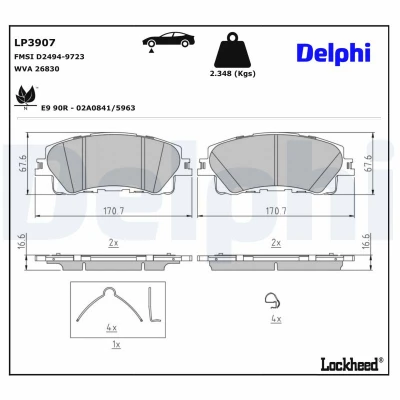 Bild av DELPHI LP3907 Bromsbeläggsats ej förberett för slitvarningsvisning MAZDA: CX 60 (KH) e SKYACTIV PHEV 2022