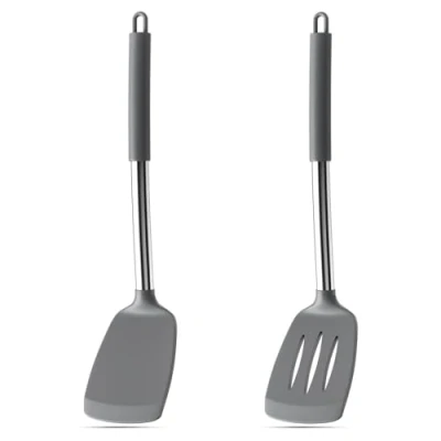 Bild av Avesteir 2 stycken degskrapa, silikonspatel med rostfritt stål, wok stekspade 35 cm, stekpannor non stick värmebeständig, kökspatel slitsatt, kök spatel för bakning pannkakor (grå)
